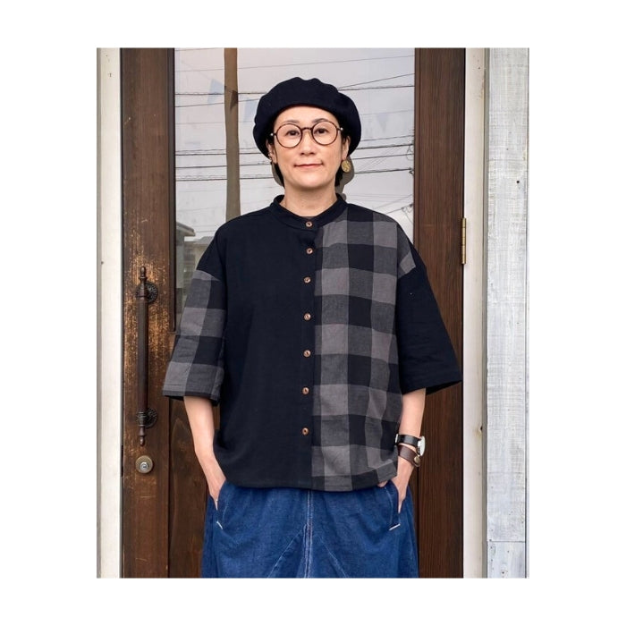 1141922 無地×ビッグブロックチェック切替スタンドカラーシャツ