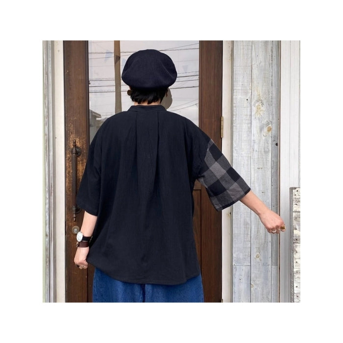 1141922 無地×ビッグブロックチェック切替スタンドカラーシャツ