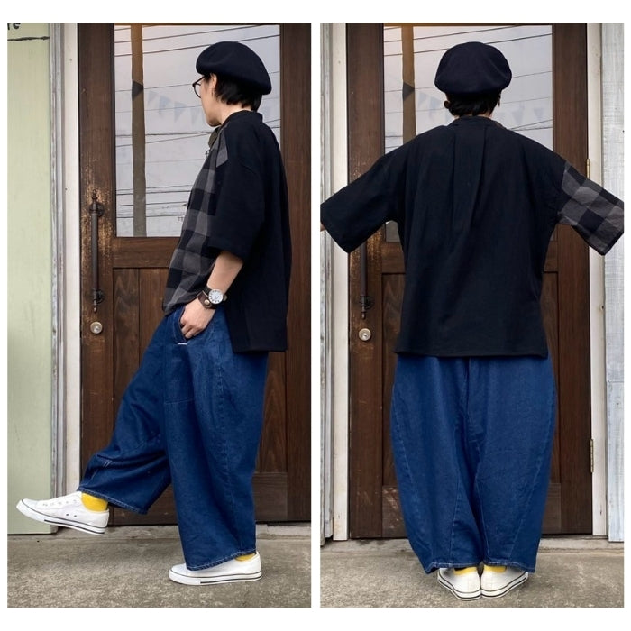 1141922 無地×ビッグブロックチェック切替スタンドカラーシャツ
