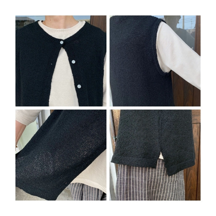 1875 麻タッチブークレニット無地前開きニットベスト
