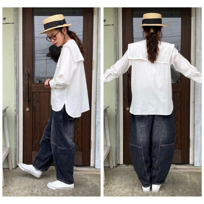 8064　付け襟付きバンドカラーブラウス