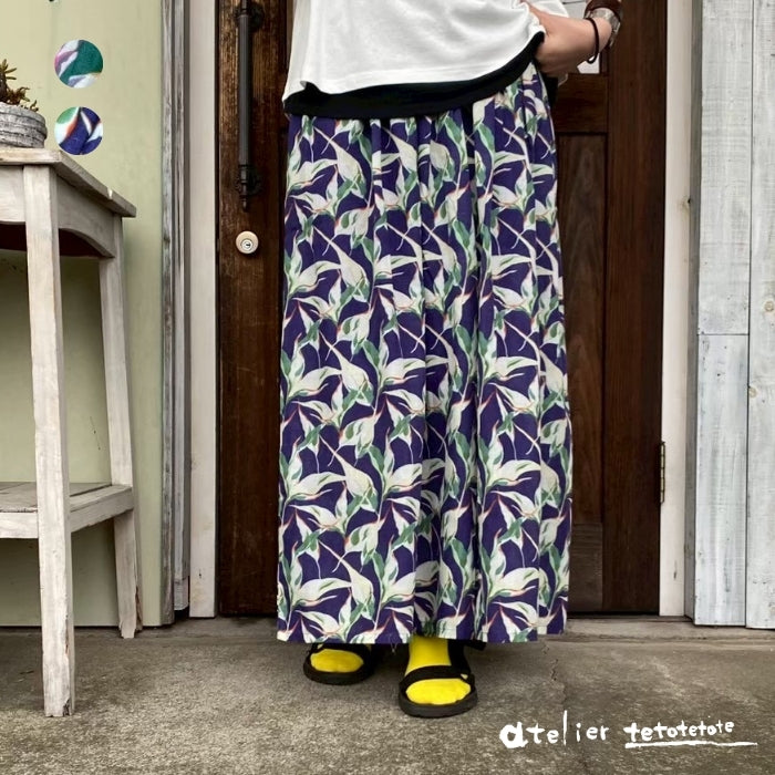 6228　麻ライクボイルボタニカル柄ワイドパンツ