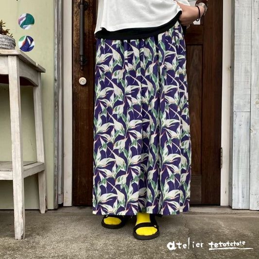 6228　麻ライクボイルボタニカル柄ワイドパンツ