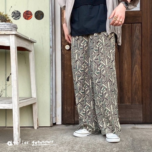 6222　綿麻レーヨン幾何学柄ワイドパンツ