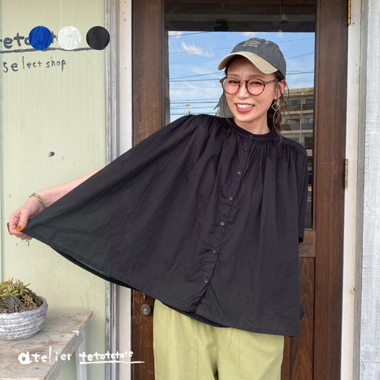 6304　ボイルギャザー五分袖ワイドブラウス