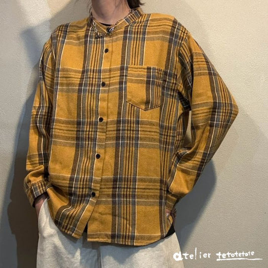 70715479　胸ポケ付きバンドカラーチェックシャツ