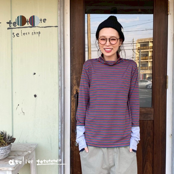 80914887　袖切替サムホール付ハイネックマルチボーダーインナー