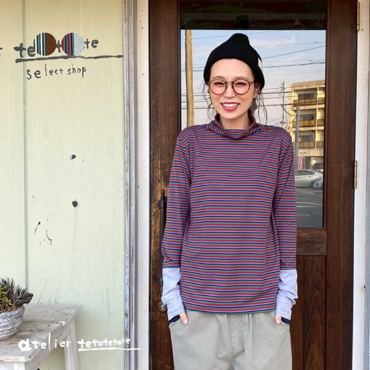 80914887　袖切替サムホール付ハイネックマルチボーダーインナー