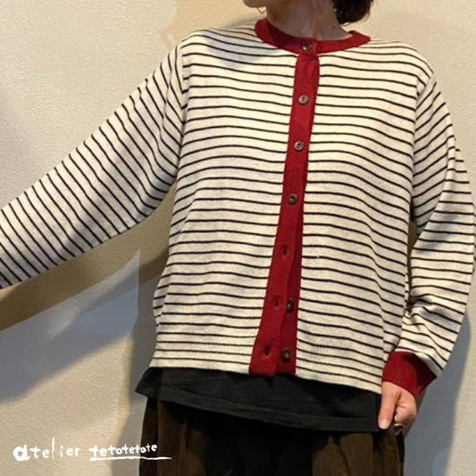 5618　ふわもちニットクルーネック配色カーディガン
