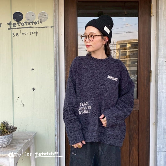 54005　MIXモール編み地切替ロゴプルオーバー