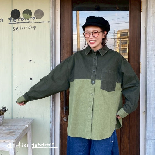 252135　アンティークツイル配色切替オーバーサイズシャツ