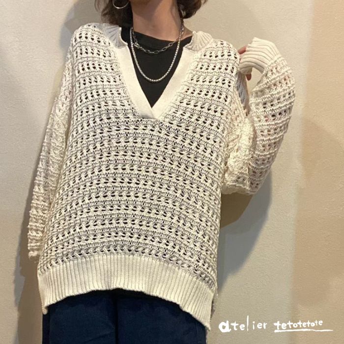 5129　透かし編みキーネックニットPO