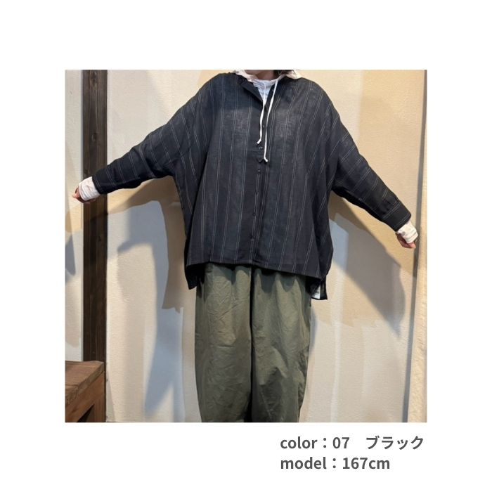 8398　先染め綿麻ストライプブラウス