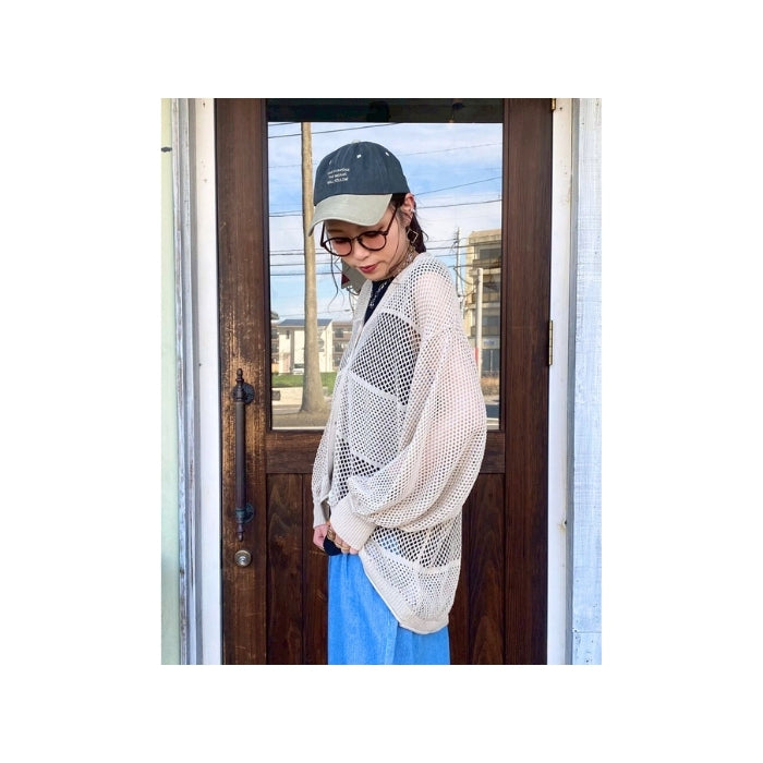 261042　レーヨン混麻タッチニット透かし柄Vカーデ