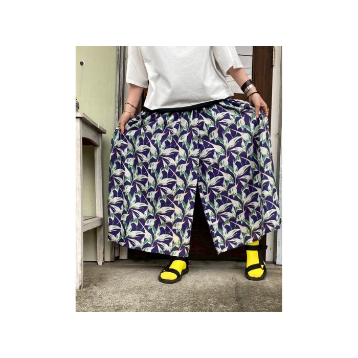 6228　麻ライクボイルボタニカル柄ワイドパンツ