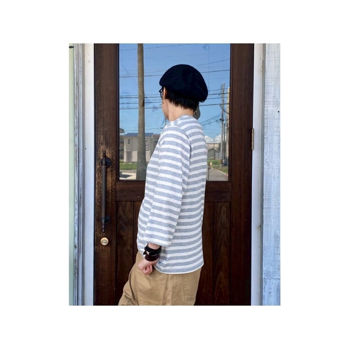 4368　綿天竺クルーネック七分袖プルオーバー ボーダー