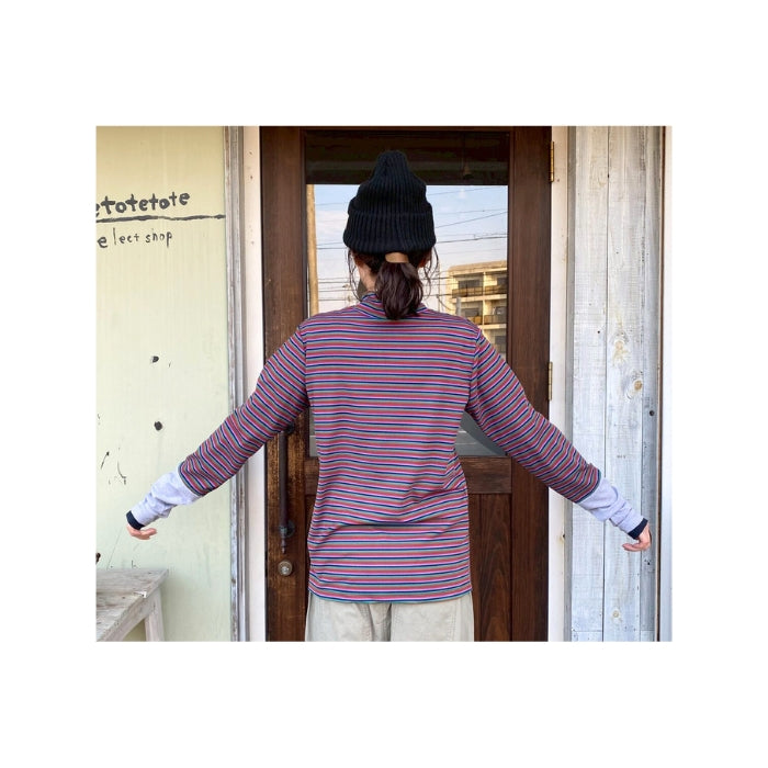 80914887　袖切替サムホール付ハイネックマルチボーダーインナー