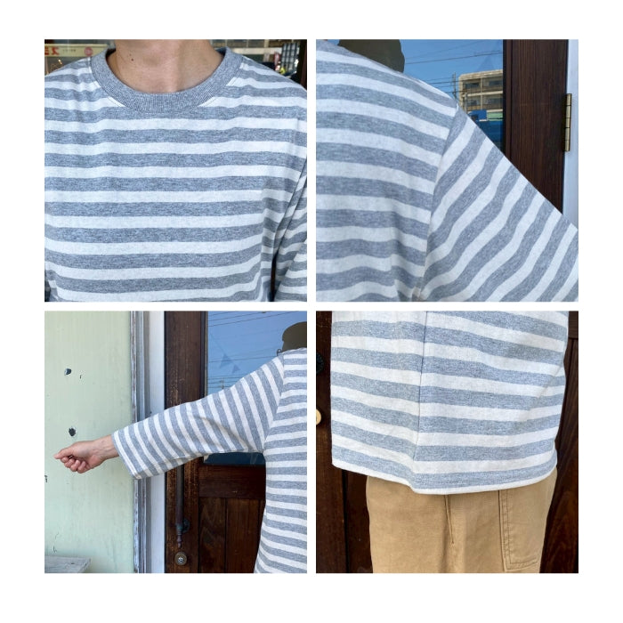 4368　綿天竺クルーネック七分袖プルオーバー ボーダー