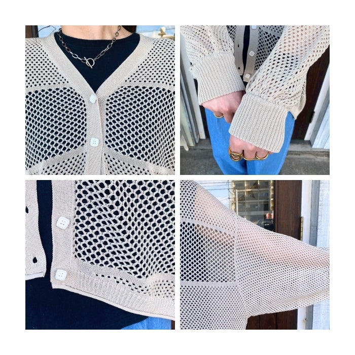 261042　レーヨン混麻タッチニット透かし柄Vカーデ