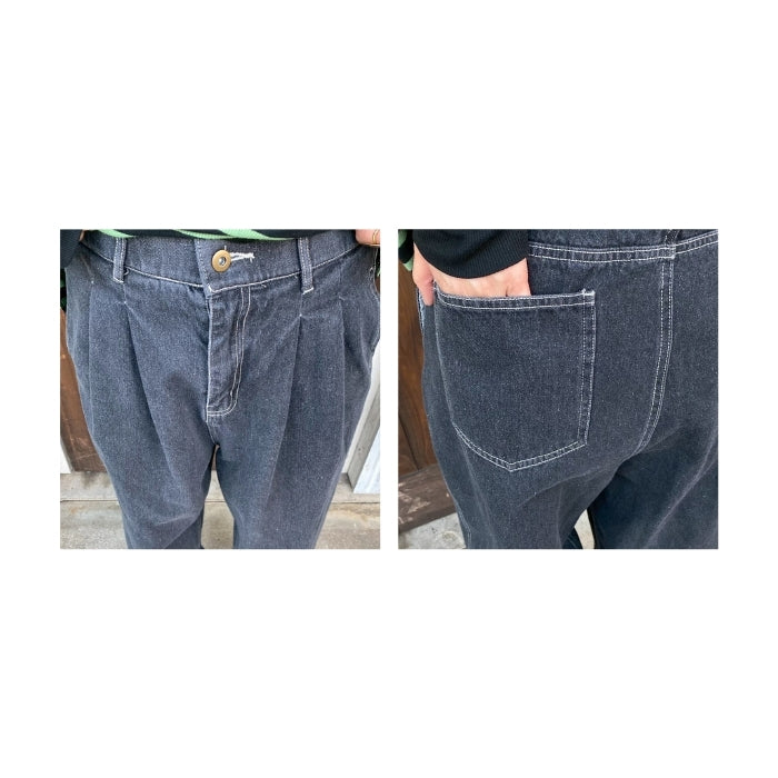 9577　ウエストタックワイドストレートデニムパンツ