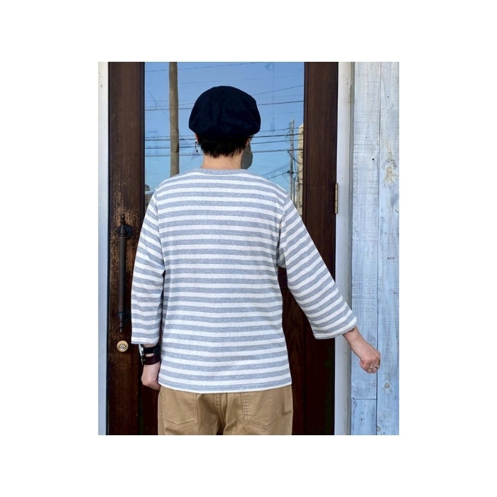 4368　綿天竺クルーネック七分袖プルオーバー ボーダー