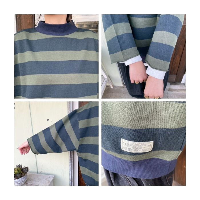 80914893　総柄ボーダープリントモックネックプルオーバー