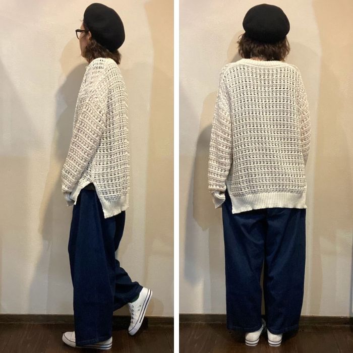 5129　透かし編みキーネックニットPO