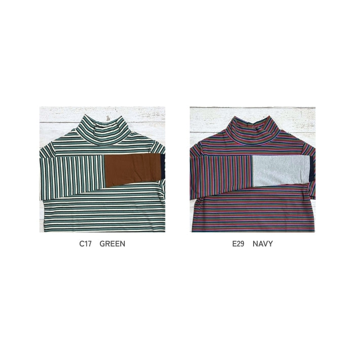 80914887　袖切替サムホール付ハイネックマルチボーダーインナー