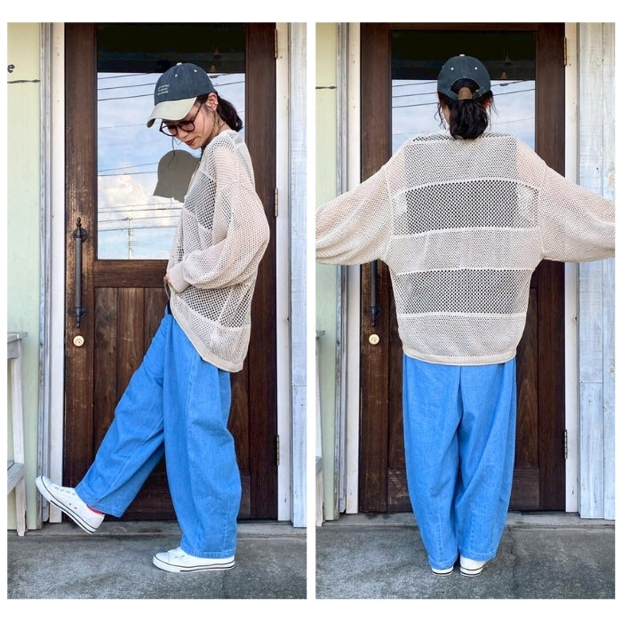 261042　レーヨン混麻タッチニット透かし柄Vカーデ