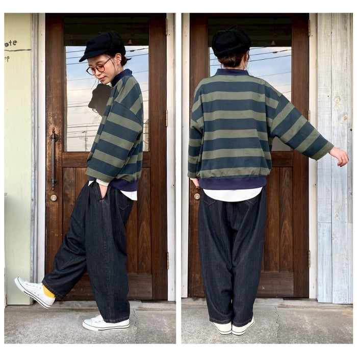 80914893　総柄ボーダープリントモックネックプルオーバー